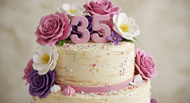 Elegant floral 35th birthday cake with pink and white flowers for celebration and party decoration