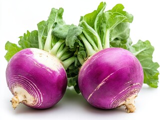 Fresh purple turnips with green tops displayed on a white background