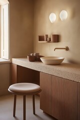 Warm, minimalist bathroom with a textured countertop, earthy tones, and a simple wooden stool. A serene and inviting space