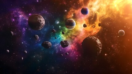 Colorful cosmic expanse filled with asteroids and planets.