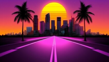 Synthwave Sunset with Neon Lines, Palm Trees, and City Skyline