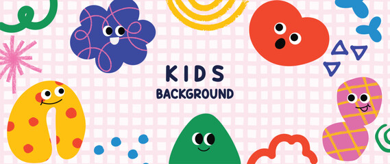 Kids and children background vector. Fun Childish hand drawn doodle design. Playful cartoon design for packaging design, wallpaper and print.