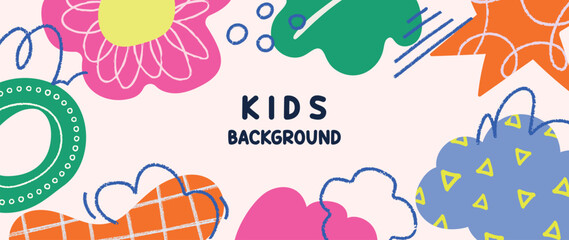Fototapeta na wymiar Kids and children background vector. Fun Childish hand drawn doodle design. Playful cartoon design for packaging design, wallpaper and print.