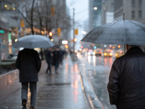people walking in the rain with umbrellas against a wet urban street background