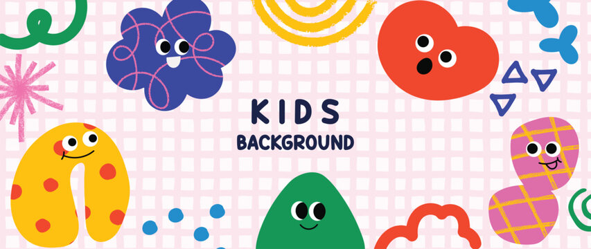 Naklejki Kids and children background vector. Fun Childish hand drawn doodle design. Playful cartoon design for packaging design, wallpaper and print.