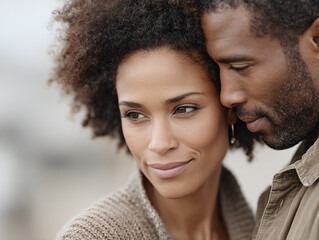 couple embracing closely, exhibiting a tender and affectionate connection. They display a sense of warmth, comfort, and emotional closeness, emphasizing their intimate bond