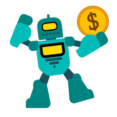 Fototapeta premium cute teal robot cartoon character illustration vector design with dollar coin symbol in his hand
