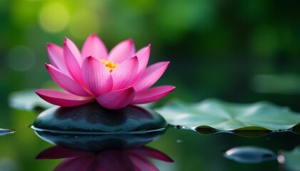 Obraz premium Pink lotus flower and smooth stone in tranquil zen spa setting, relaxation, flower