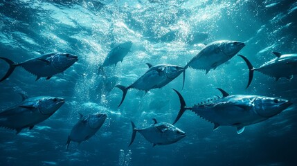 Obraz premium A large group of bluefin tuna swimming together underwater in a tropical ocean, showcasing their grace and strength in the marine environment.