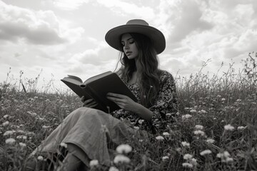 Girl in a straw hat reading a book, surrounded by flowers. Leisurely and peaceful scene.