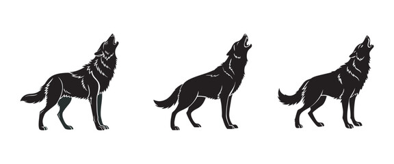 Set of Howling Wolf Silhouettes with Fur Details