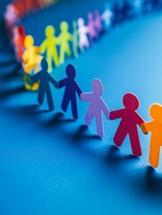 A group of people holding hands in a line. The people are of different colors and sizes. Concept of unity and togetherness