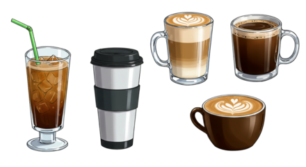 Assorted Coffee Drinks Illustration Featuring Latte Cappuccino Iced Coffee and More

