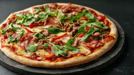 Delicious freshly baked pizza with toppings of meat, vegetables, and herbs on a rustic black background