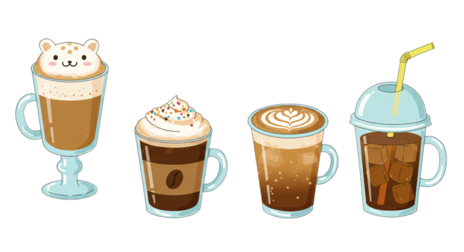 Cute Coffee Drinks Illustration Featuring Latte Cappuccino and Iced Coffee Design
