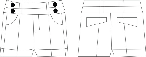 Classic Denim Shorts | Technical Fashion Illustration | Flat Apparel Template CAD | Front and Back Views