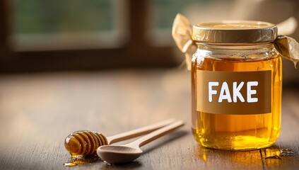 Jar of Honey with 'FAKE' Label and Wooden Utensils