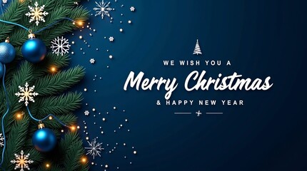 Elegant Christmas Greeting Card Design with Navy Blue Background and Festive Ornaments