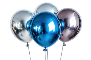 Three shiny balloons blue silver and gray floating against a black background perfect for on transparent background