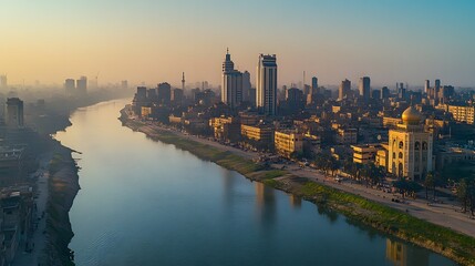 Naklejka premium Panoramic city view along a river at dawn.