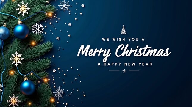 Elegant Christmas Greeting Card Design with Navy Blue Background and Festive Ornaments