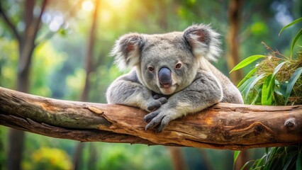 Fototapeta premium A cuddly koala bear resting on a sturdy branch in eucalyptus forest, its soft fur glistening with dew, resting, forest, resting