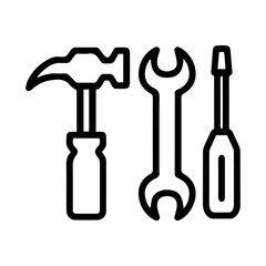 Hand tools (outline style). A hammer, wrench, and screwdriver symbolize repair, construction, or manual work. Represents common instruments used for fixing, building, or assembling objects