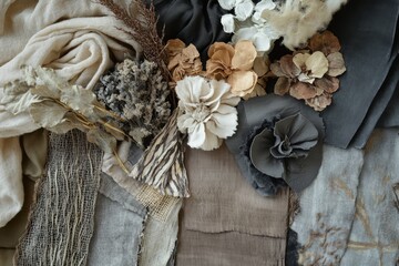 Muted tones, textiles, and dried flowers.  Fabric swatches, textures, and floral accents in soft, neutral colors