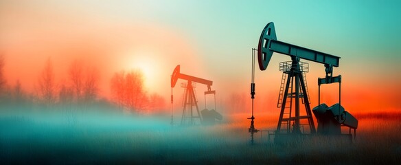 Serene Sunrise Over Oil Pumps in Misty Landscape