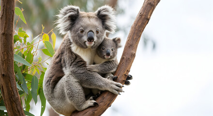 Affectionate Mother Koala and Joey Embracing on Eucalyptus Branch Isolated on White Background Showcasing Natural Gray Fur and Detailed Leaves Perfect for Decoration and Koala Day Design
