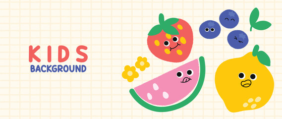 Kids and children background vector. Fun Childish hand drawn doodle design with fruit. Playful cartoon design for packaging design, wallpaper and print.