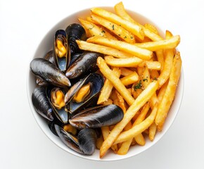 French fries and mussels in a bowl