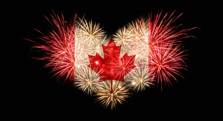 Canada Day Fireworks in Heart Shape with Maple Leaf Flag