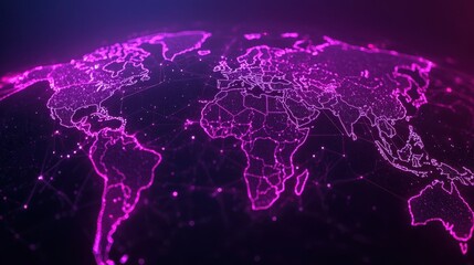 Fototapeta premium Abstract World Map in Neon Pink with Digital Connections and Geometric Patterns on Dark Background