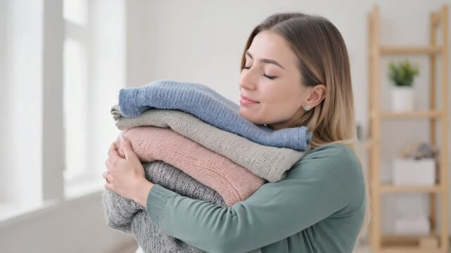 Smiling woman holding clothes