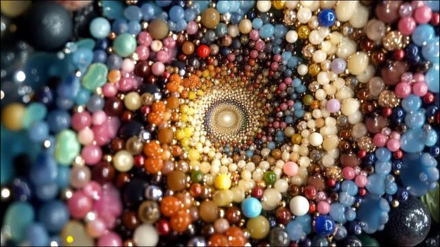 Vibrant beaded spiral pattern with colorful beads and luminous center