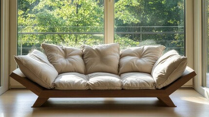 Cream and taupe cushions layered on a simple wooden daybed