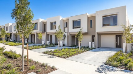 Fototapeta premium Exterior shot of newly built townhomes with driveways and landscaping