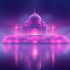 Illuminated Palace Reflected in Water with Lotus Flowers