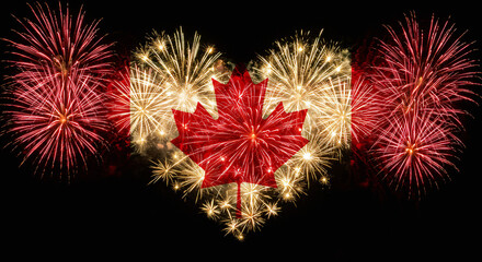 Canada Day Fireworks in Heart Shape with Maple Leaf Flag