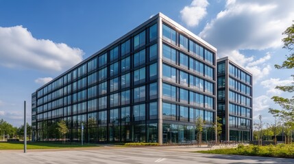 Fototapeta premium Modern office building exterior with glass and steel facade, sunny day