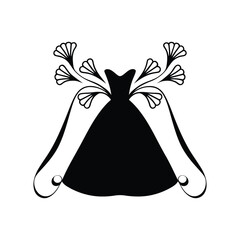 Elegant Wedding Dress Logo – Black Silhouette of Bridal Gown with Floral Ornament and Flowing Veil for Fashion, Boutique, and Bridal Design