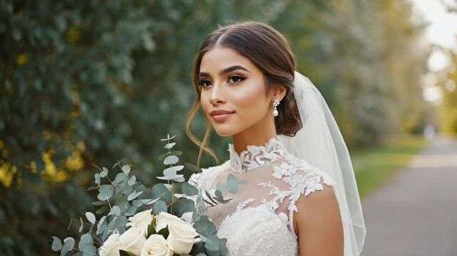 A radiant bride in a white gown smiles in the summer park, her bouquet of flowers a testament to love and happiness on her wedding day