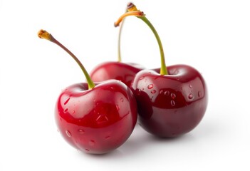 Two glistening cherries with water droplets, isolated on white, nature, digital