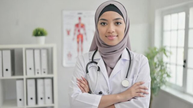 A young female smiling doctor in a hospital with a stethoscope