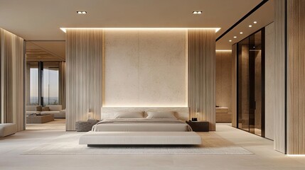 Soft beige bedding with exposed wooden headboard and minimalist decor