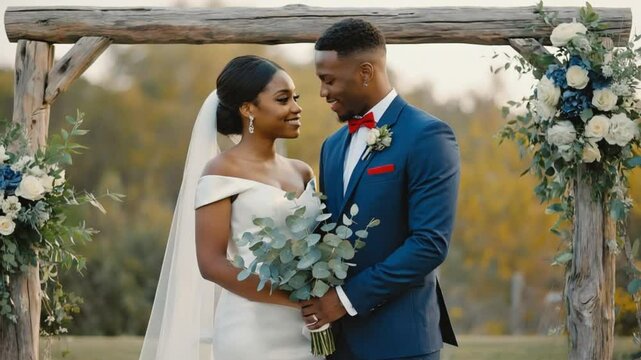 A happy couple on their wedding day surrounded by love, flowers, and celebration