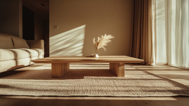Tan rug under a simple wooden coffee table in a soft-toned living room