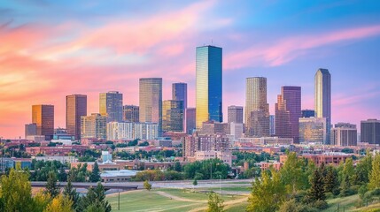 Obraz premium Urban skyline filled with apartment buildings under soft sunset light