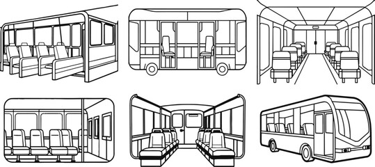 Set of bus interior outline vector illustration line art coloring book page